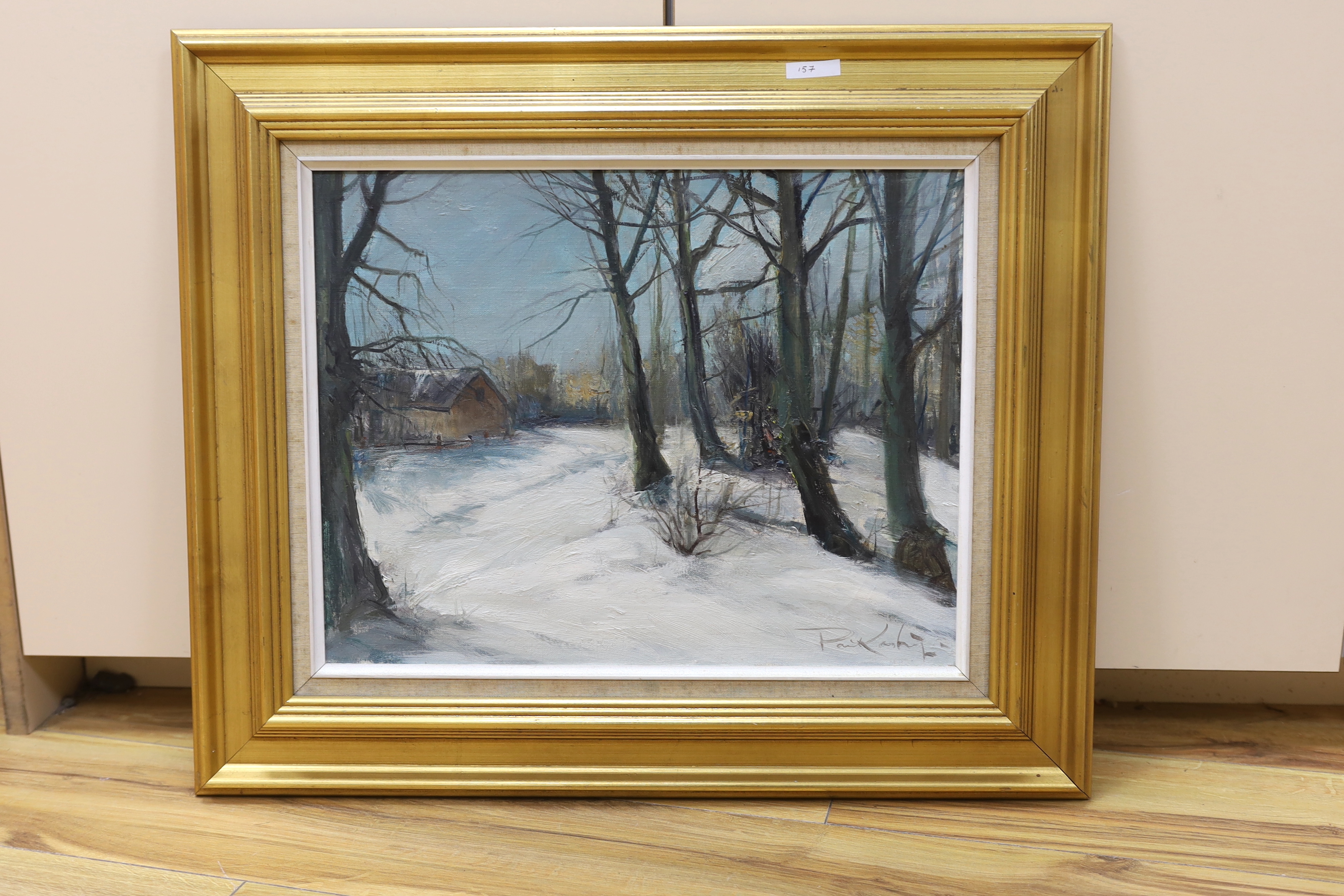 Poul Kastrup (Danish, 1920-1987), oil on canvas, Snowy winter landscape, signed, 34 x 43cm, gilt framed